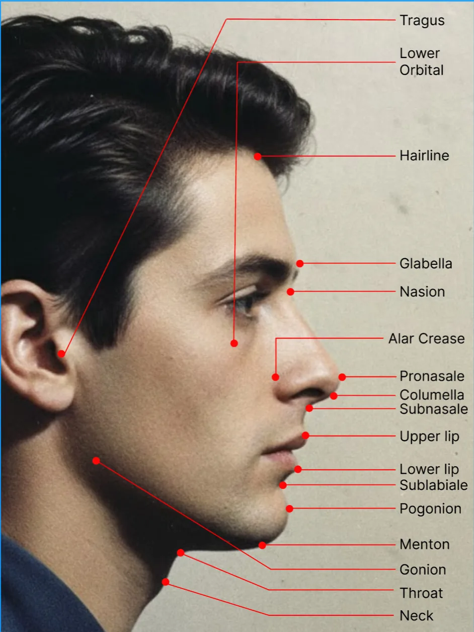 Side-profile facial landmark diagram showing the tragus, orbital rim, hairline, nose, lips, chin, jaw, throat, and neck points used for profile measurements